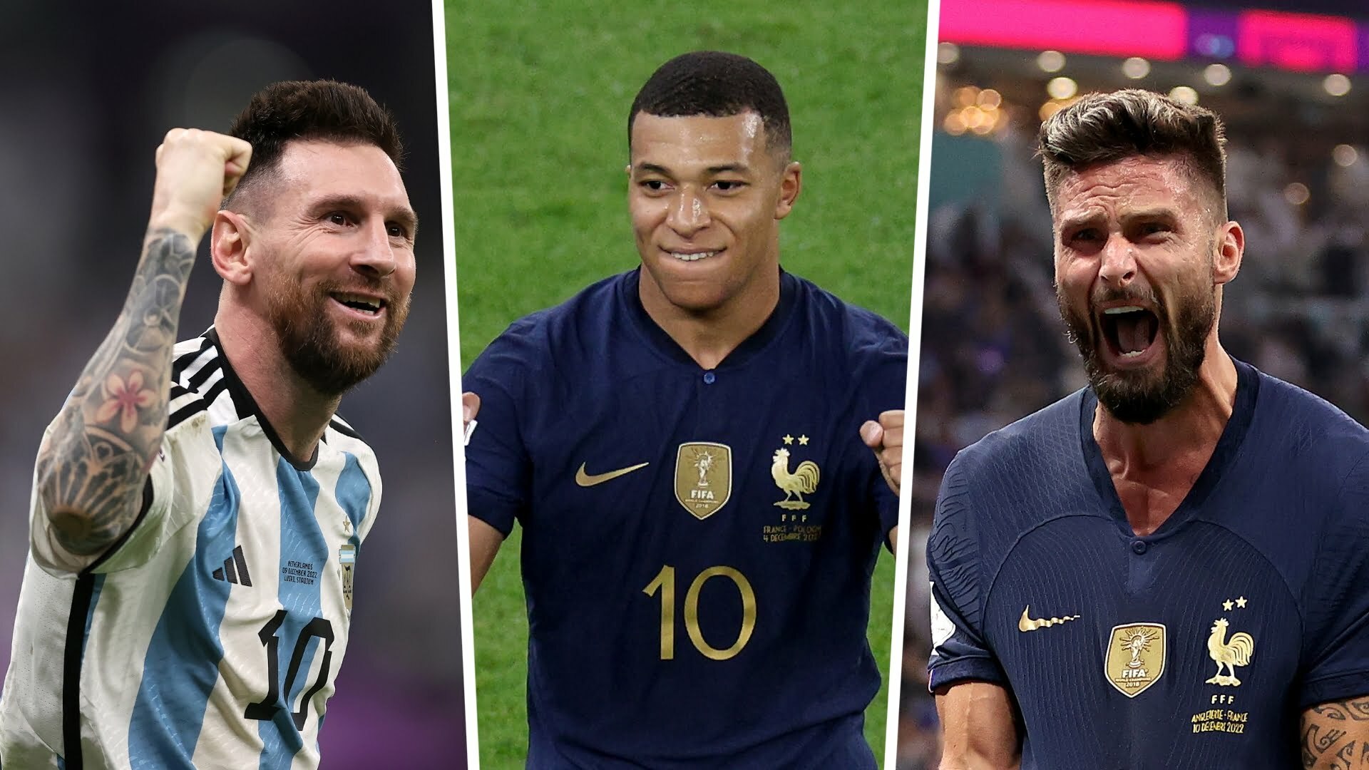 Lionel Messi, Kylian Mbappe and Olivier Giroud