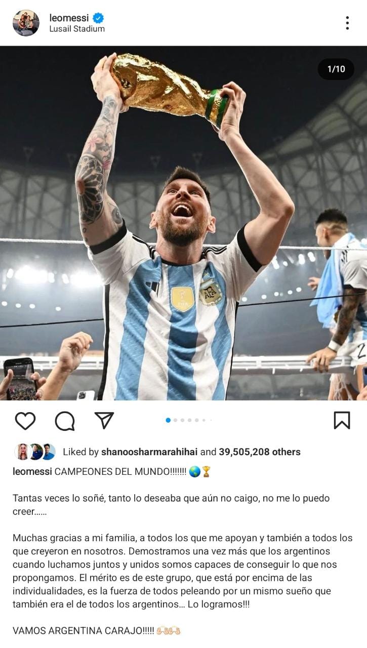 Messi Instagram Post after winning FIFA world cup 2022