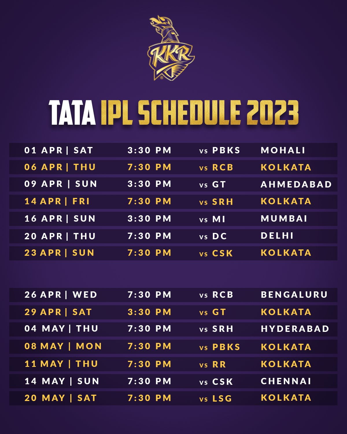 Kolkata Knight Riders KKR IPL 2023 Schedule Full Fixtures Matches Venue