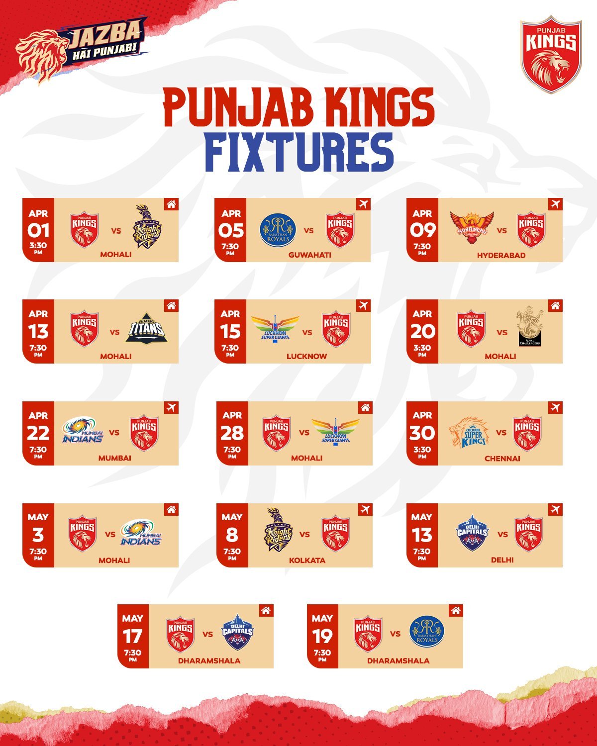 Punjab Kings PBKS IPL 2023 Schedule Full Fixtures Matches Venue